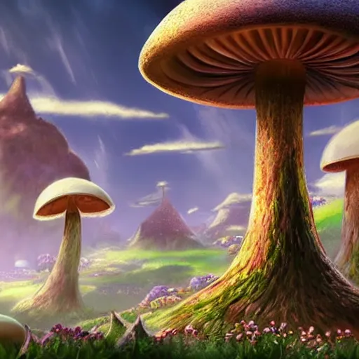 Prompt: beautiful matte art of a mushroom kingdom in the style of futuristic 1 8 th / 1 9 th / 2 0 th century concept art detailed realistic, highly detailed, crystal lighting, hyperrealistic, unreal engine, magical