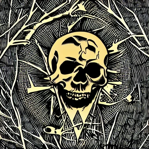 Image similar to dark death metal themed vector illustration for a record label, trees. forest, spikes, skull, microphone, skull, award winning, grunge, iconic, golden ratio