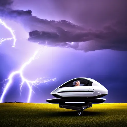 Image similar to futuristic flying car emerging from a circle of lightning in the sky, thunderstorm at night, 28mm dramatic photo