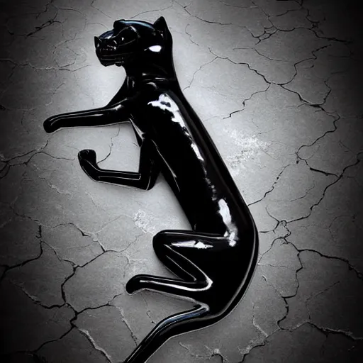 Prompt: a shiny black goo covered panther, panther made of black goo, goo panther, panther made of goo, latex shiny, laying on a tar, covered white couch in a living room, dripping and drooling black goo. digital art, photography