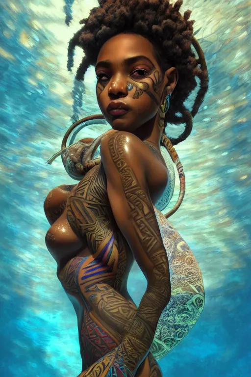 Image similar to underwater photography full body portrait of beautiful nubian ancestral tribal tattooed young hunter pincess, swimming underwater low angle realistic 4 k high quality photography by terry o'neill intricate, elegant, highly detailed, digital painting, artstation, concept art, smooth, sharp focus, illustration, art by artgerm and greg rutkowski and alphonse mucha, 8 k