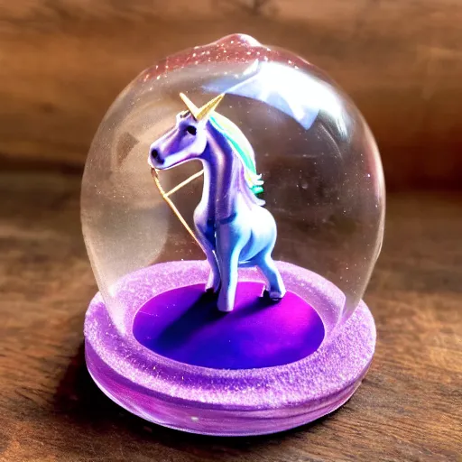 Prompt: purple glass unicorn inside a snow globe