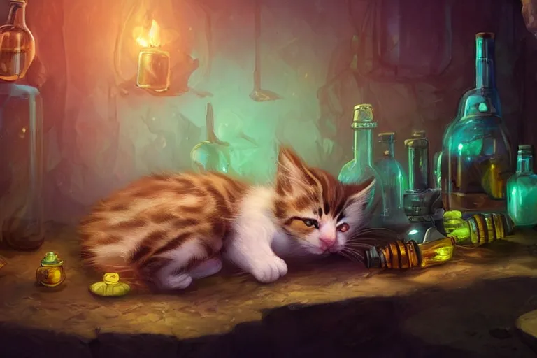 Prompt: adorable kitten curled up asleep amidst potion bottles, 8k resolution matte fantasy painting, warm lighting, bokeh, DeviantArt Artstation, by Lisa Ravenscroft and Ross Tran and Lisa Frank and Tony DiTerlizzi