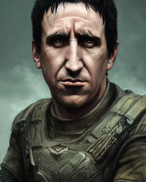 Image similar to An epic fantasy comic book style portrait painting of a very imposing Trent Reznor, character design by Mark Ryden and Pixar and Hayao Miyazaki, unreal 5, DAZ, hyperrealistic, octane render, cosplay, RPG portrait, dynamic lighting, intricate detail, cinematic