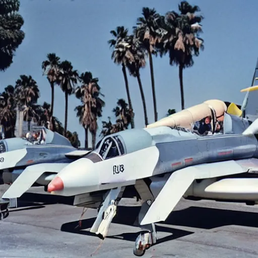 Image similar to 1986 US airforce base, chrome F4 Phantom, US pilots standing around, palm trees