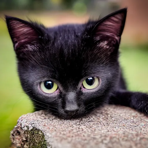 Prompt: a photo of a black kitten in the countryside taking selfies, hyperrealism, bokeh, ultrafine detail, photo taken with nikon d 7 5 0