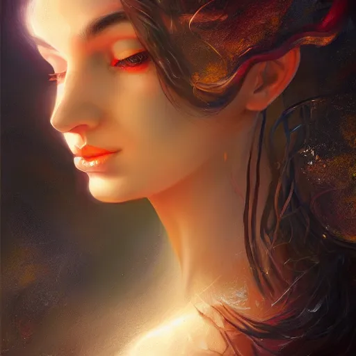 Image similar to head and shoulders portrait of an angelic creature, dark fantasy, mystic, abstract background, feminine beauty, elegant, intricate, face, medium shot, trending on artstation, volumetric light, by Fernanda Suarez and Karol Bak