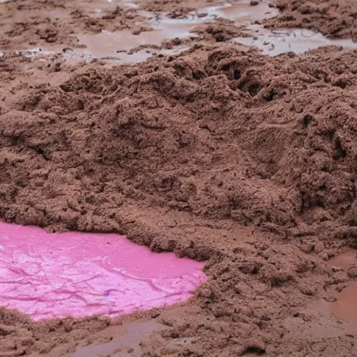 Prompt: a dirty dog in pink mud. photo