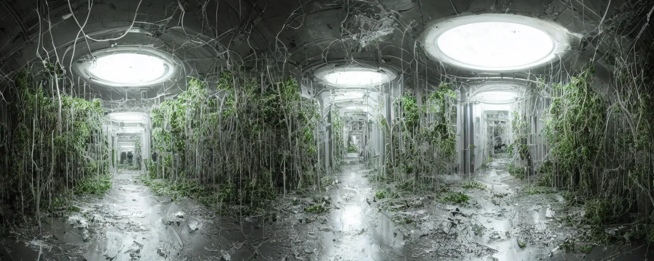 Prompt: Film still of an overly lit bright corridor on an alien space ship, overexposed, white shiny metal walls, strip lighting, ventilation shafts, clean, neutral lighting, white light, very white, water dripping, puddles, wet floor, rust, decay, vines, overgrown, alien plants, tilted camera angle, a mysterious creature in the distance, wide-angle lens vanishing point, year 3000, Cinestill colour cinematography, anamorphic, giger