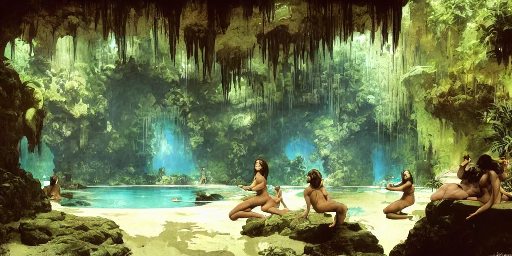 Prompt: a tropical cave that renovate as a luxury interior as several beautiful women bathe in the waters surrounding a muscled adventurer by syd mead, frank frazetta, ken kelly, simon bisley, richard corben, william - adolphe bouguereau, detailed concept art