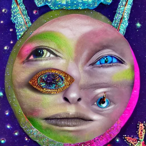 Image similar to alien with jewels for eyes, on exotic dreamy planet, highly detailed, felt, mixed media collage