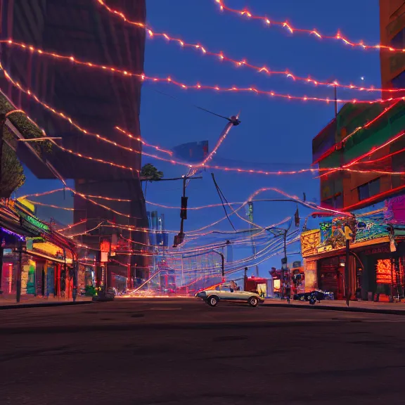 Image similar to Downtown Mexico, string lights, colorful lighting, night, realism, gta 5 screenshot, by Tooth Wu, by Lienzo Óleo Paisaje, by Greg Rutkowski