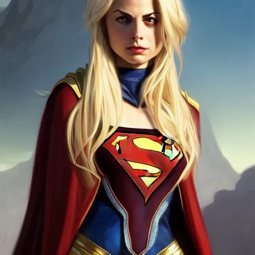 Prompt: Willa Holland with blonde hair as Super Girl, western, D&D, fantasy, intricate, elegant, highly detailed, digital painting, artstation, concept art, matte, sharp focus, illustration, art by Artgerm and Greg Rutkowski and Alphonse Mucha