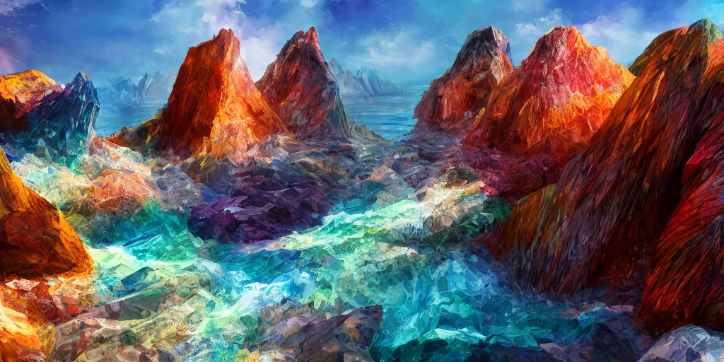 Prompt: sheer colourful rugged crystal quartz cliff, viewed from the ocean, illustration, bright sunlight, sun glints, sunrays, digital art, hyperrealistic, oil painting, fantasy, 8 k, trending on artstation, detailed