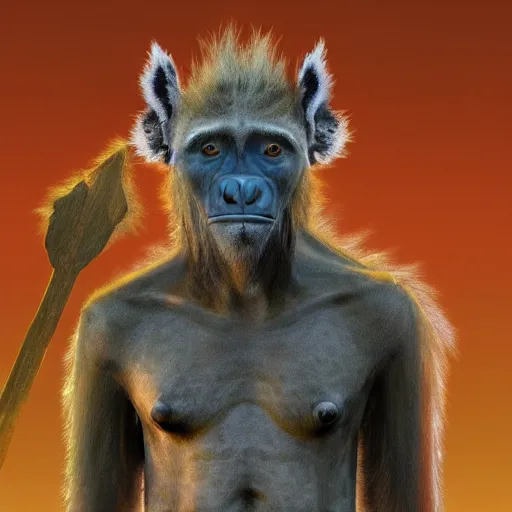 Image similar to “tall Goblin Bigfoot human hyena hybrid with a hyena face and mange holding a spear, jungle background, sickly, orange fur, realistic, nature photography”