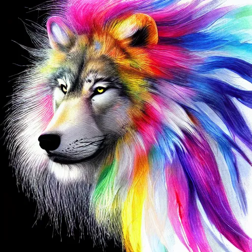 Prompt: cute fluffy wolf with long colorful flowing lion mane with mohawk hairstyle hybrid animal detailed painting 4 k