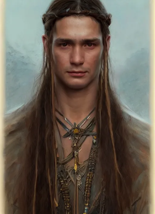 Image similar to a young shaman in his twenties with long light brown hair tied back, a large forehead, a widows peak and a round face with high cheekbones as a realistic d & d fantasy character, portrait art by donato giancola and greg rutkowski, vintage retro, realistic face, digital art, trending on artstation