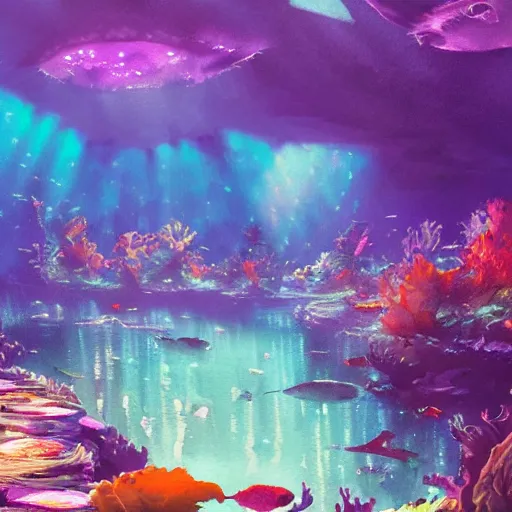 Image similar to a beautiful and vivid and colorful Grzegorz greg rutkowski watercolor and matte painting of an underwater discotheque with a disco ball and mermaids and fish and a colorful rainbow seaweed forest. trending on ArtStation