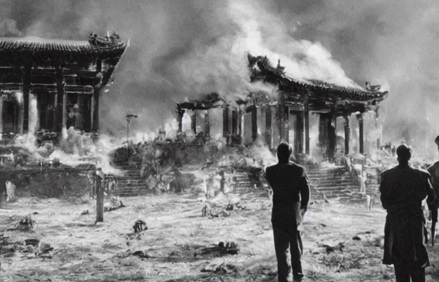 Image similar to burning temple, vintage movie still