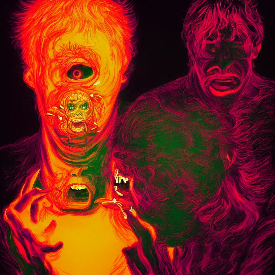 Image similar to bright psychedelic todd solondz eating satan, diffuse lighting, fantasy, intricate, elegant, highly detailed, lifelike, photorealistic, digital painting, artstation, illustration, concept art, smooth, sharp focus, art by francis bacon