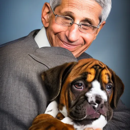 Prompt: 50mm photo, Anthony Fauci holding a boxer puppy