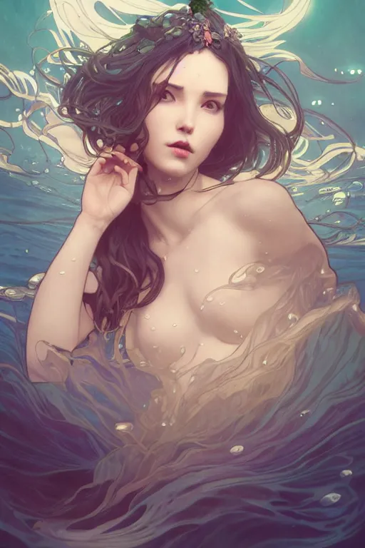 Image similar to full body underwater windy hair zero gravity floating seductive meditation goddess in the style of artgerm, wlop, greg rutkowski, alphonse mucha and ayami kojima, realistic details, volumetric lighting, very very very very beautiful symmetrical face, trending on artstation, artstationhd, artstationhq, unreal engine, 4 k, 8 k