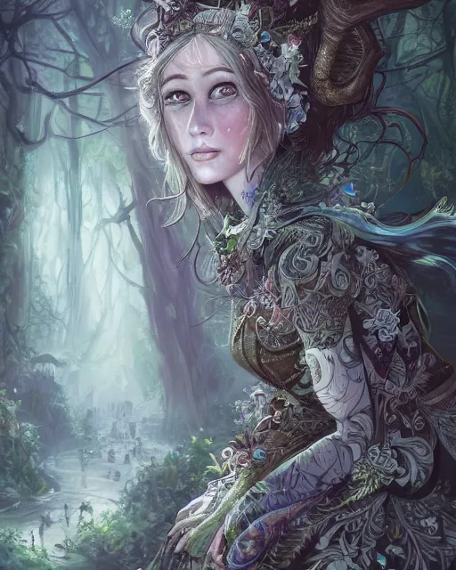 Prompt: A maid in a magical forest, beautiful face, very detailed face, fantasy art, in the style of JOHN STEPHENS, illustration, epic, fantasy, intricate, hyper detailed, artstation, concept art, smooth, sharp focus