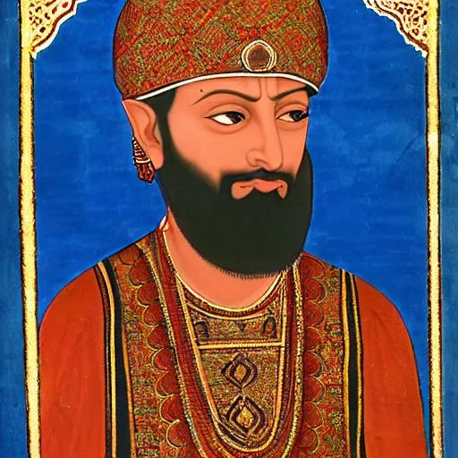 Image similar to emperor and muad'dib paul atreides, pensive, bright blue eyes, mughal painting style, abd al - samad, mir sayyid ali, farrukh beg, basawan.