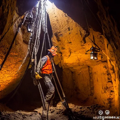 Image similar to a miner in the depths of a mineshaft mining a giant crystalline ore, the mineshaft is lit by hanging lanterns, the mine is dark, highly detailed, extremely high quality, hd, 4 k, 8 k, professional photographer, 4 0 mp, lifelike, top - rated, award winning, realistic, detailed lighting, detailed shadows, sharp, no blur, edited
