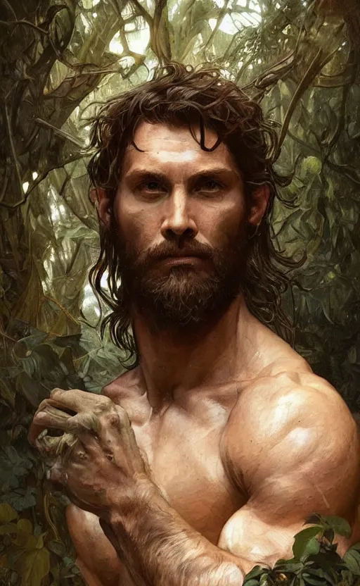 Image similar to portrait of the god of the forest, 30 years old, rugged, male, gorgeous, detailed face, amazing, thighs!!!!!!, muscular, intricate, highly detailed, digital painting, artstation, concept art, sharp focus, illustration, art by greg rutkowski and alphonse mucha