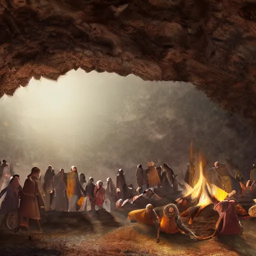 Image similar to medieval people dancing in a cave, there are many many minerals and crystals on the ground and a campfire, matte painting, 4k, very detailed