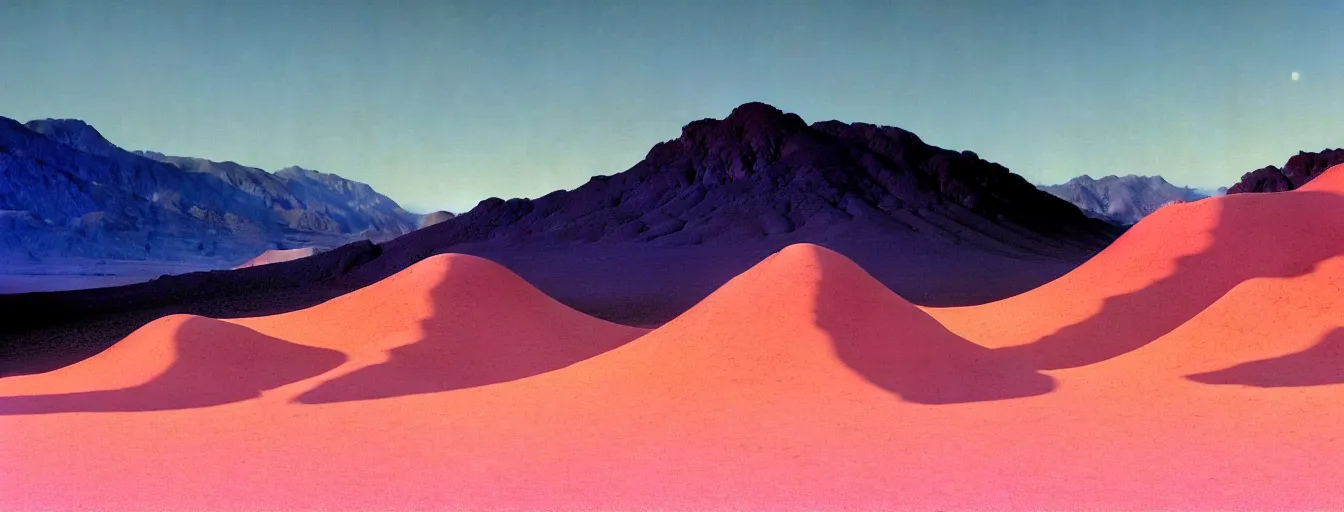 Image similar to a gorgeous desert painting of death valley, separated by streams of shimmering blue sand by barlowe wayne maxfield parrish and marco mazzoni. tree no leaf!!!! china mountain village!! blue and very little light verdancy. the protruding pink clumps of rock. ultra clear detailed. 3 d, octane render. turbulent blood lake.