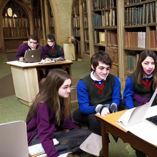 Image similar to Photo of student wizards using a computer in Hogwarts