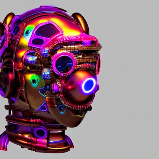 Prompt: a glossy claymodel of a steampunk robot head, top of the head is covered with wires and multicolored glowing tubes, 8 k, front view, symetrical, flourescent colors, halluzinogenic, multicolored, insanely detailed, 3 d render, octane