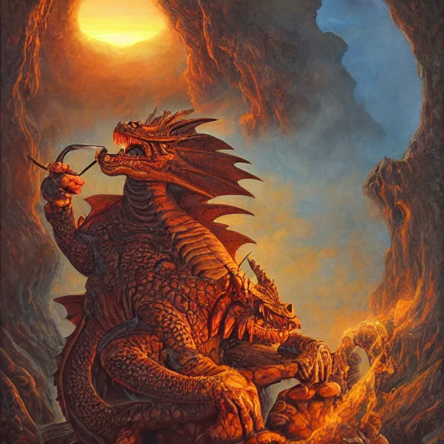 Prompt: artwork by Justin Gerard and Jeff Easley showing a dragon smoking his pipe at sunset