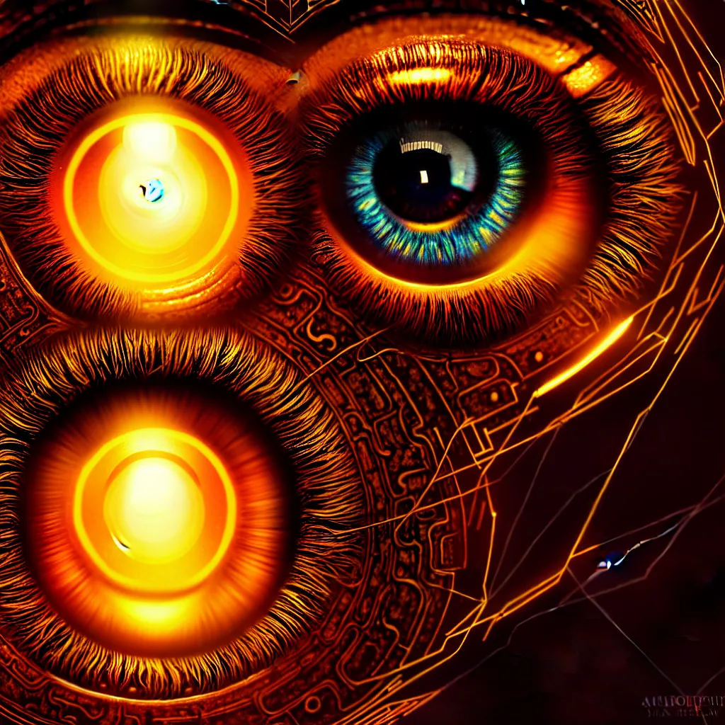 Prompt: Hypnotizing iris of a cybernetic human eye of the illumanti, ornate, dynamic lighting, golden ratio, highly detailed, concept art, sharp focus, 4k, symmetry, in the style of noah bradley