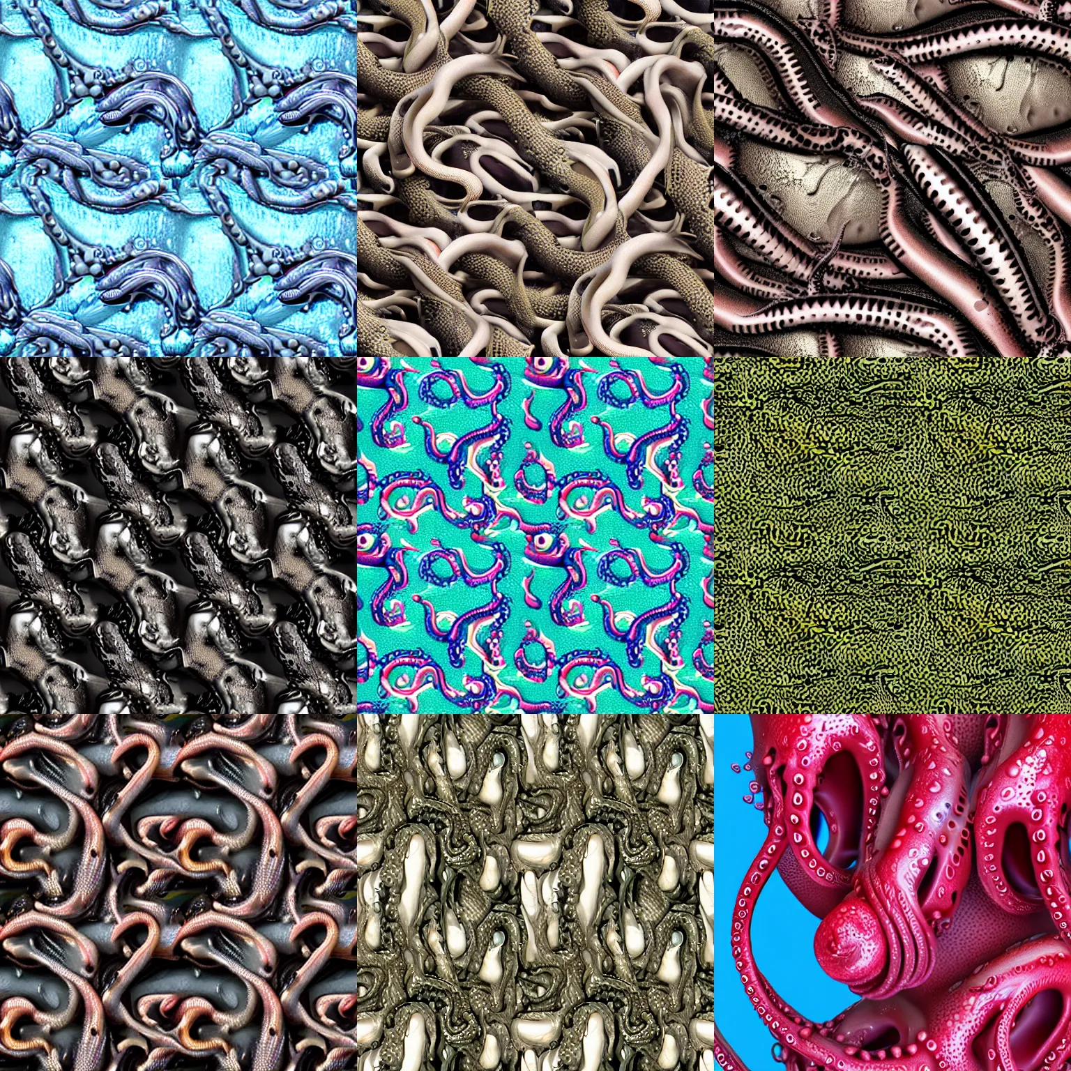 Prompt: Seamless texture made of long wet tongues and tentacles, 4K photorealistic high quality