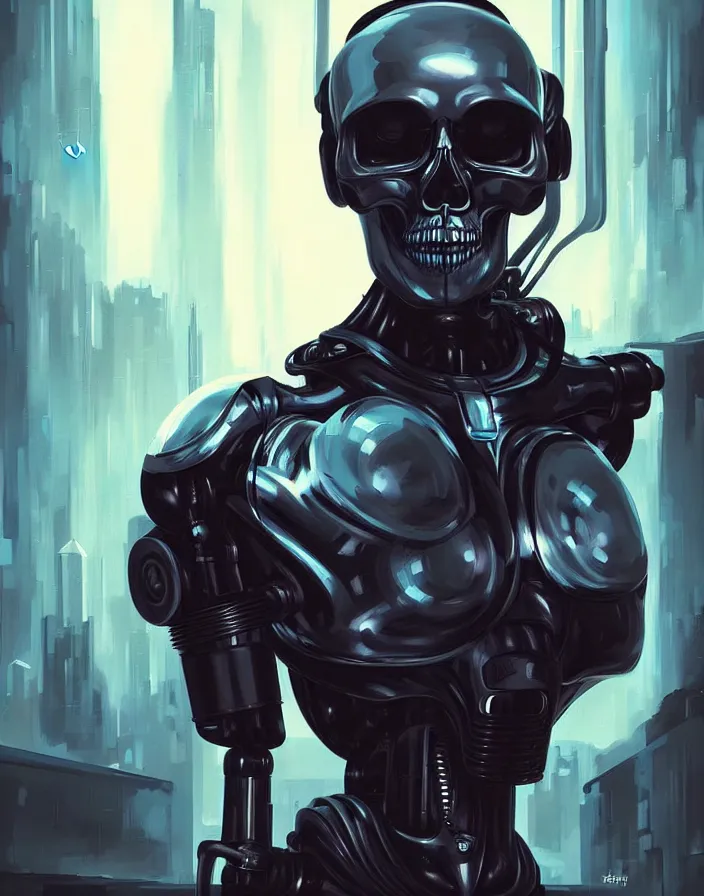 Image similar to skull - headed robot cyborg painting, illutstration, concept art, cyberpunk, futurism, comics art, artgerm, full body shot, wide angle