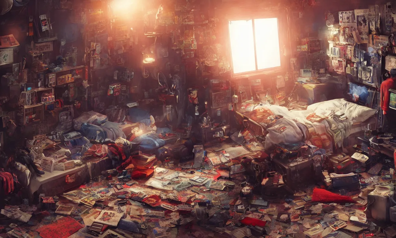 Prompt: A highly-detailed messy hacker's bedroom, by Kung Fury, by Ready Player One, by Mr Robot, digital art, realistic volumetric lighting, realistic reflections, rendered by Octane, highly realistic, 4k wallpaper, trending on Artstation