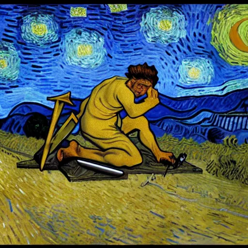 Image similar to caesar getting stabbed painted by vincent van gogh, 4 k, high resolution, still, landscape, hd, dslr, hyper realistic