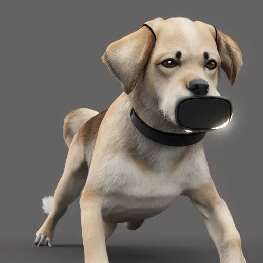 Image similar to ultra realistic 3 d render of a dog wearing a vr headset, octane, unreal engine