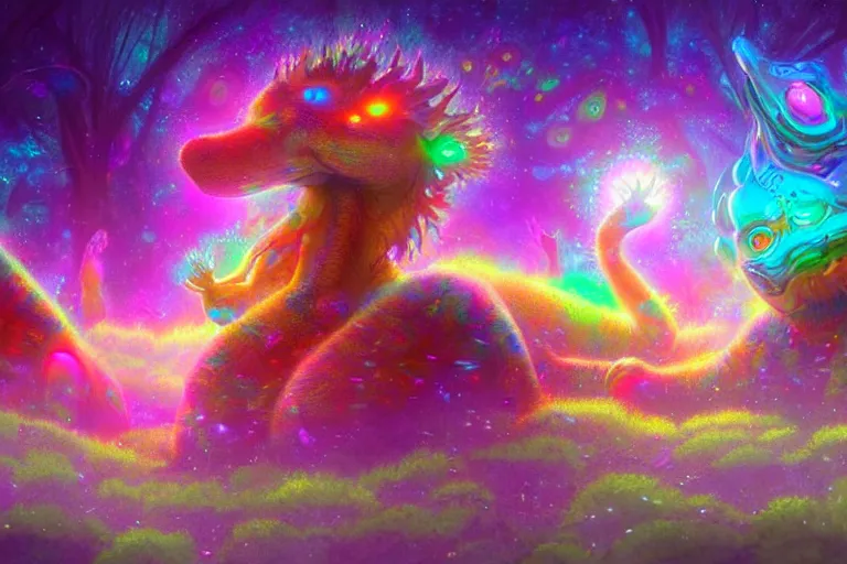 Image similar to a psychedelic realm made entirely out of love and acceptance and hypercolors. astral beings sharing love. cute smiling glowing skin glowing chibi style pixar baby dinosaurs in the style of greg rutkowski and wlop and lisa frank! and bob ross!!! and ruan jia, illustration, epic, fantasy, hyper detailed, smooth, unreal engine, sharp focus, ray tracing