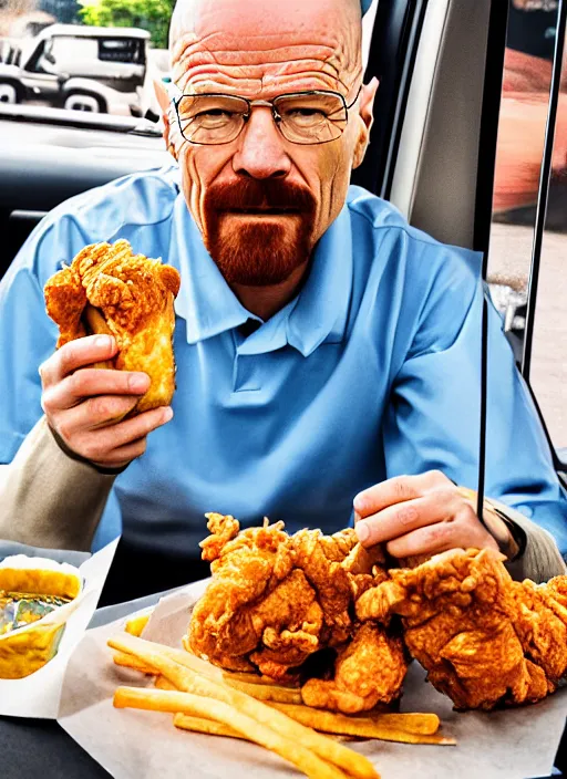 Prompt: cellphone pov photo of walter white eating fried chicken in his car, mukbang, dripping juices, biting teeth