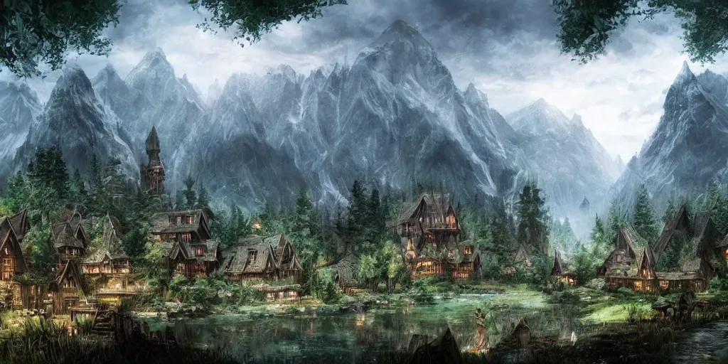 Prompt: elvish village. rivendell. mountains. beautiful forest. concept art. epic. cinematic. artstation.