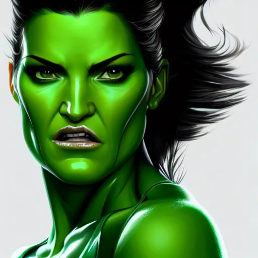 Prompt: beautiful Gina Carano skinny She Hulk green skin, symmetrical, middle shot, portrait, highly detailed, digital painting, artstation, concept art, smooth, sharp focus, illustration