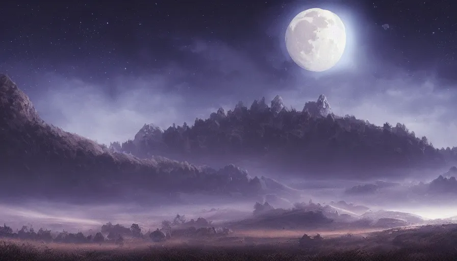 Image similar to a beautiful landscape at night, big moon and stars in the sky, matte painting, dark blue tones, concept art, 4k