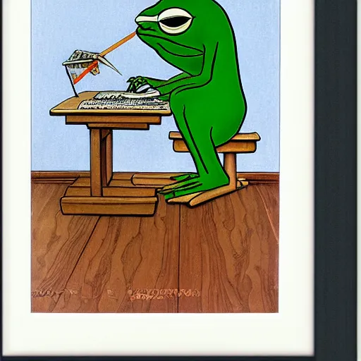Image similar to pepe the frog writing a letter by norman rockwell