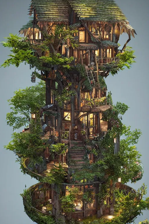 Prompt: a miniature elf - tree house surrounded by a miniature forest inside a glass - case, villagecore, intricate details, studio lighting, cryengine, hyperdetailed, miniature faking, side - view, product - view