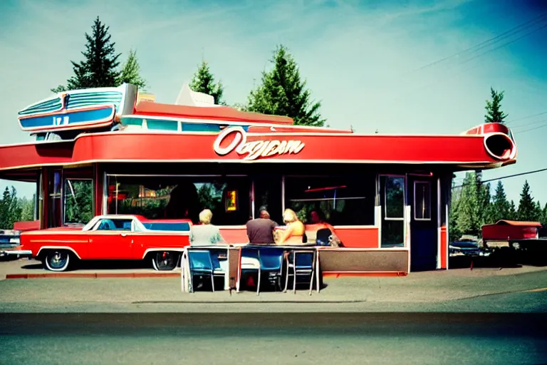 Prompt: 1 9 7 5 googie oregon mt. hood themed classic american diner, people sitting at tables, googie architecture, one point perspective, americana, restaurant exterior photography, hd 4 k, taken by alex webb