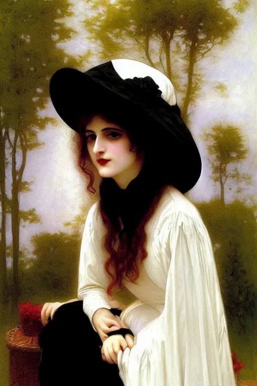 Prompt: victorian vampire in a biggest hat, white dress, painting by rossetti bouguereau, detailed art, artstation